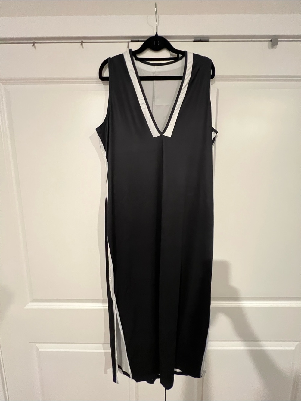 Sleeveless Black Midi Dress with White Trim